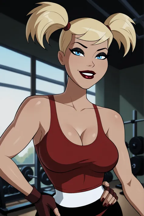 BREAK, score_9, score_8_up, score_7_up, score_6_up, Harleybtas, 1girl, solo, twintails, short hair, blonde hair, blue eyes, dark red lips, large breasts, cleavage, lipstick, makeup, smiling, closed mouth, seductive expression, bedroom eyes, looking at view...