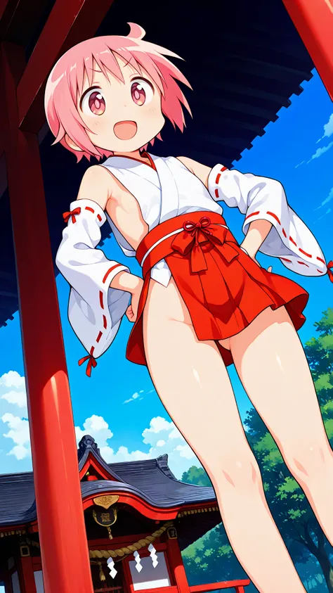 nonohara yuzuko, pink hair, short hair,ahoge, pink eyes,bangs,((anime style)),score_9, score_8_up, score_7_up, source_anime,solo,1girl, ((miko)),((mini slit red skirt)),((((slit skirt)))),ass visible through thighs,((Obi)) ,((Obi knot)), (flat chest) , ((s...