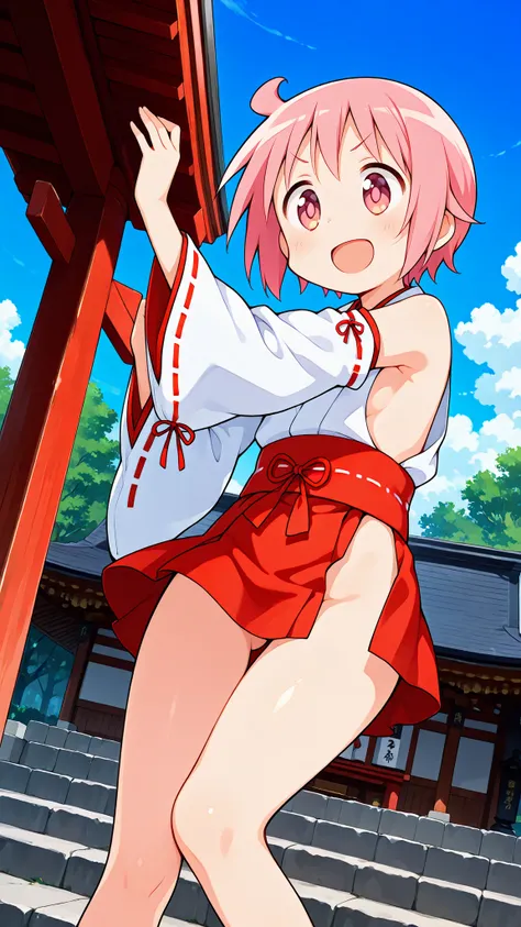 nonohara yuzuko, pink hair, short hair,ahoge, pink eyes,bangs,((anime style)),score_9, score_8_up, score_7_up, source_anime,solo,1girl, ((miko)),((mini slit red skirt)),((((slit skirt)))),ass visible through thighs,((Obi)) ,((Obi knot)), (flat chest) , ((s...