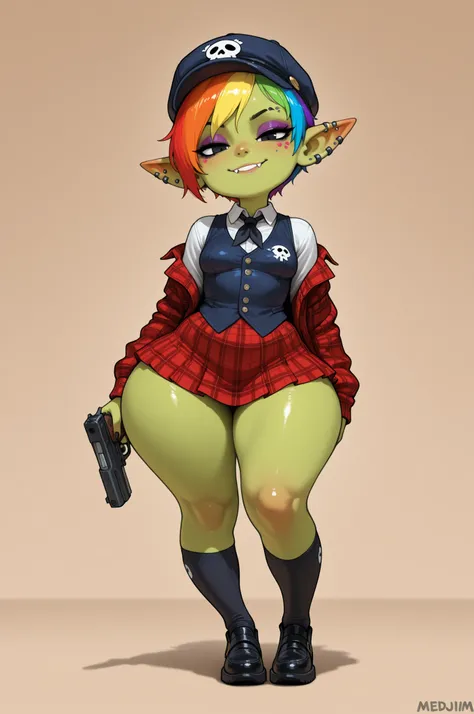 female punk, rainbow colors hair, very short hair, black eye , facial piercings, eye makeup, small breasts, meduim hips, (goblin girl:1.0) (shortstack:1.0) (green skin:1.0) (pointy ears:1.0) (wide hips:1.0)| Masterpiece, best quality, amazing quality, absu...