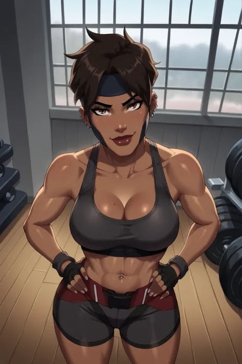 BREAK, score_6_up, score_9, score_8_up, score_7_up, high quality, masterpiece, Rocket, 1girl, solo, 2d, dark-skinned female, short hair, brown eyes, headband, piercing, earring, mask, lipstick, makeup, large breasts, cleavage, curvy, athletic, looking at v...