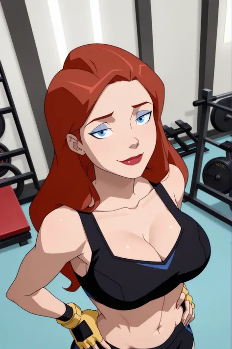 BREAK, score_6_up, score_7_up, score_8_up, score_9, 1girl, solo, b4rb4r4-b4t, blue eyes, long hair, red hair, brown hair, lipstick, makeup, large breasts, busty, cleavage, curvy, athletic, looking at viewer, seducing viewer, teasing viewer, seductive expre...