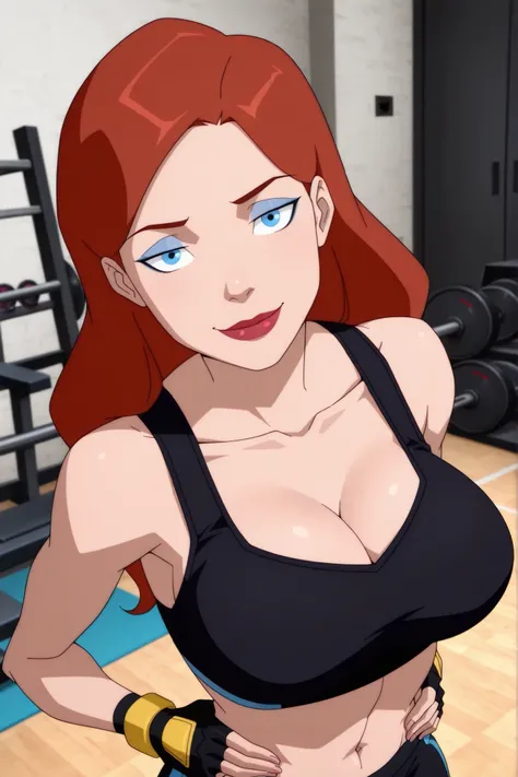 BREAK, score_6_up, score_7_up, score_8_up, score_9, 1girl, solo, b4rb4r4-b4t, blue eyes, long hair, red hair, brown hair, lipstick, makeup, large breasts, busty, cleavage, curvy, athletic, looking at viewer, seducing viewer, teasing viewer, seductive expre...