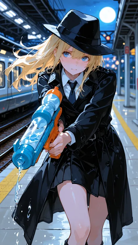 (masterpiece), (Highest Quality)(depth of field:1.4),(blurry background:1.4),train station platform,night,moon,wind,moving hair,front view, facing forward, looking straight ahead
女の子,solo,One person,assassin,Blonde,blue eyes,Saggy Eyes,black fedora,black t...