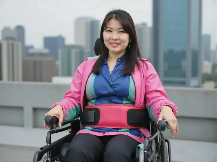 38 year old obese Asian Woman, wearing a pink and green latex jacket, wearing a blue latex shirt, wearing a red leather wheelchair harness, wearing a pink and black padded hip belt, sitting in a powered wheelchair on the rooftop of a skyscraper, asian arch...
