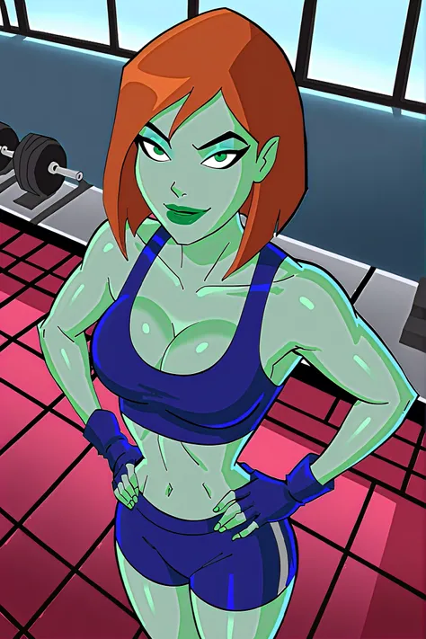 BREAK, score_6_up, score_7_up, score_8_up, score_9, 1girl, solo, green skin, green eyes, orange hair, green lipstick, makeup, Megan, superhero, large breasts, busty, cleavage, curvy, athletic, looking at viewer, seducing viewer, teasing viewer, seductive e...