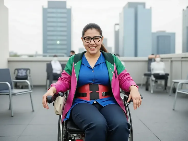 38 year old obese Asian Woman, wearing a pink and green latex jacket, wearing a blue latex shirt, wearing a red leather wheelchair harness, wearing a pink and black padded hip belt, sitting in a powered wheelchair on the rooftop of a skyscraper, asian arch...