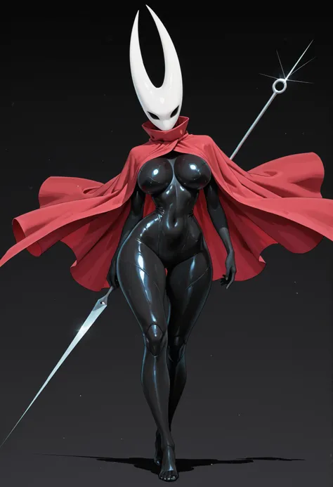 ruanyi0912, H0rn3t-HK, black skin, sunken eyes, white face, masked face, long sharp horns, red cape, sculpted body, large breasts, narrow waist, wide legs, medium height, needle sword, no mouth, colored skin, insectoid, thin female, 1 female, solo, front v...