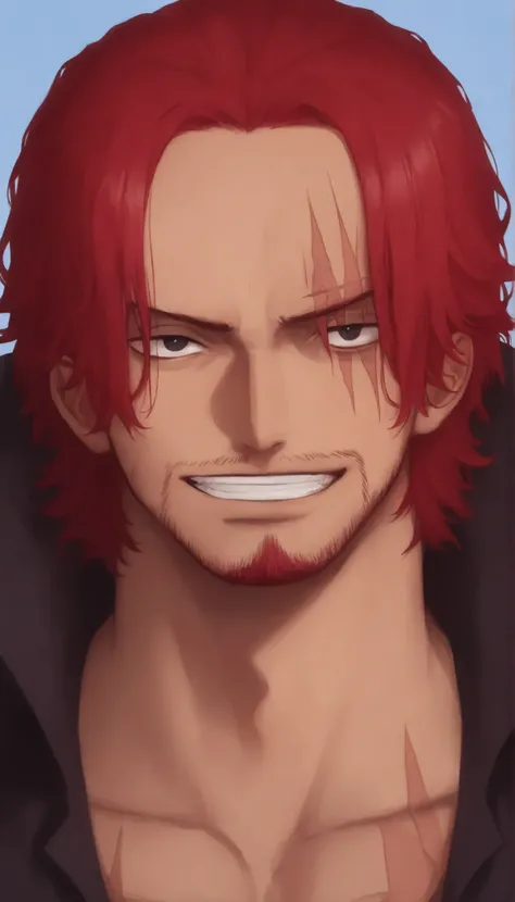 1boy, black eyes, red hair, cape, shirt, partially unbuttoned, facial hair, scar, full body, rathairshanks,
