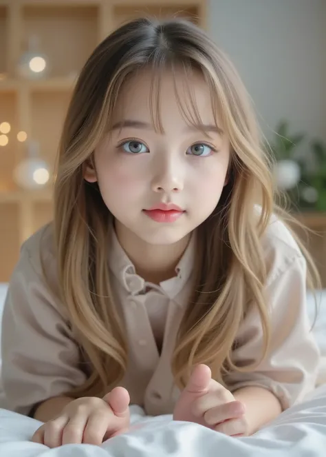 (A very cute Japanese teenage girl, Idol beauty), medium straight blonde hair, (wears a very strict and elegant outfit), ((full body view:1.3)), full makeup, ((is on all fours on the bed and her butt is raised、concentrates on stylish poses like a professio...