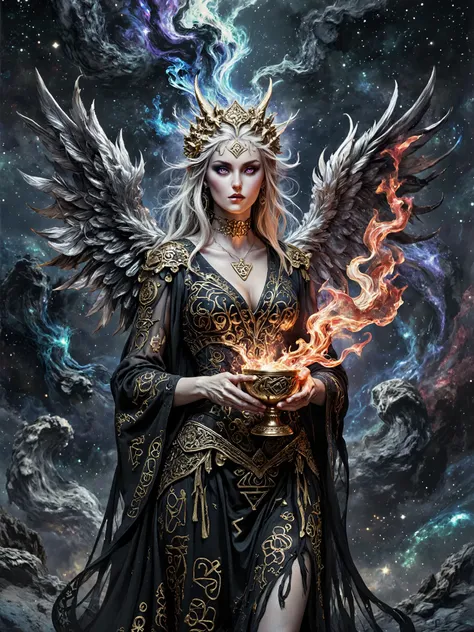 Done in a highly detailed surreal visionary style.An alluring, luminescent goddess with a slender yet shapely physique, adorned in a diaphanous, intricately embroidered black toga with sacred equations and esoteric symbols woven in shimmering gold and sil...