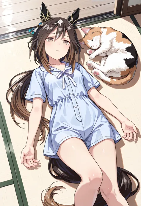 (masterpiece, best quality, perfect face:1.4), wide angle, stay gold \(umamusume\), black hair, multicolored hair, brown eyes, hair between eyes, white hair, low ponytail, brown hair, single ear cover, two-tone hair, streaked hair, small breasts, horse ear...