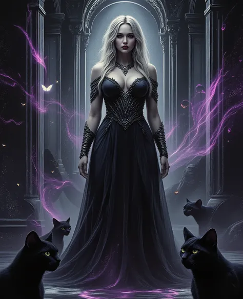 Masterpiece, extremely balanced fluid expressionist style, a reverent surreal hyperreal painting of a stunning goddess of darkness and shadow, statuesque and sensationally beautiful as only living gods can be, erotic sexiness cut from living night, a face ...