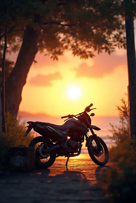 Take a sunset under the shade of a motorbike with a fish box and without the biker 