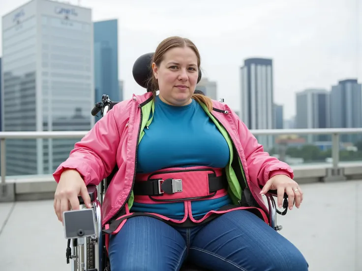 38 year old obese Asian Woman, wearing a pink and green latex jacket, wearing a blue latex shirt, wearing a red leather wheelchair harness, wearing a pink and black padded hip belt, sitting in a powered wheelchair on the rooftop of a skyscraper, asian arch...
