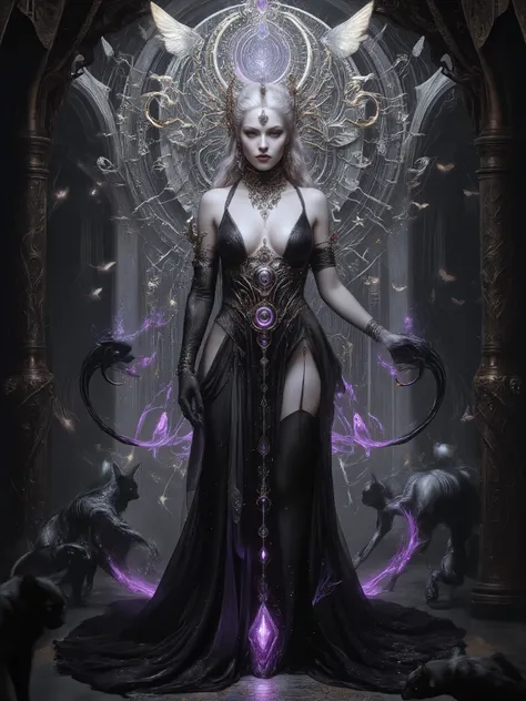 Masterpiece, extremely balanced fluid expressionist style, a reverent surreal hyperreal painting of a stunning goddess of darkness and shadow, statuesque and sensationally beautiful as only living gods can be, erotic sexiness cut from living night, a face ...