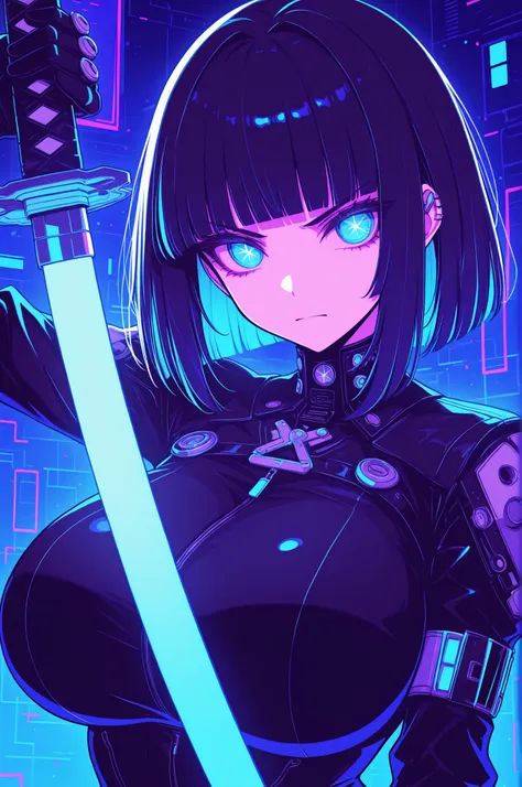 masterpiece, best quality, good quality, absurdres, highres, cyber punk,
BREAK 
1girl, Face Focus, Side Angle, upper body, black hime cut, (magenta eyes), holding Katana pose,dynamic angle, huge breasts
BREAK
Backlight, one side light, cybernetic digital b...