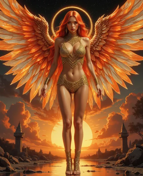 Surreal, otherworldly illustration against a dark elven sunset in the style of Karol Bak. A unique masterpiece. Gil Elvgren's angelic fantasy style, fantasy angelic image ((mid-ground)), red orange fire hair, large natural breasts, full body, graceful, pie...