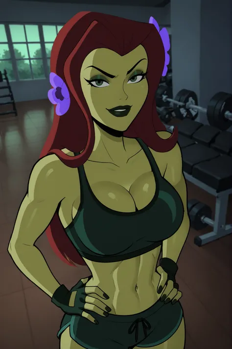 2d, score_9, score_8_up, score_7_up, score_6_up, flower, BREAK, 1girl, solo, standing, red hair, PIVYbatb, green skin, cleavage, curvy, athletic, makeup, smile, closed mouth, large breasts, long hair, black lips, hair ornament, seductive expression, bedroo...