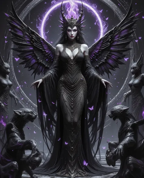 Masterpiece, extremely balanced fluid expressionist style, a reverent surreal hyperreal painting of a stunning goddess of darkness and shadow, wearing a gothic crown made of darkness and purple flame, statuesque and sensationally beautiful as only living g...