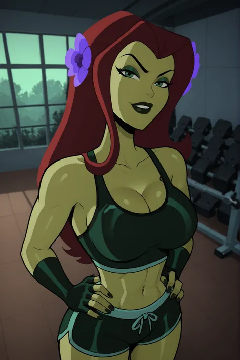 2d, score_9, score_8_up, score_7_up, score_6_up, flower, BREAK, 1girl, solo, standing, red hair, PIVYbatb, green skin, cleavage, curvy, athletic, makeup, smile, closed mouth, large breasts, long hair, black lips, hair ornament, seductive expression, bedroo...