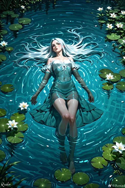 Keep the character exactly as in the original image, without altering your design, rosto, corpo, roupas, colors or expression. Transform the scenery so that she appears to be lying in calm water, keeping the anime style. The water must be translucent and s...