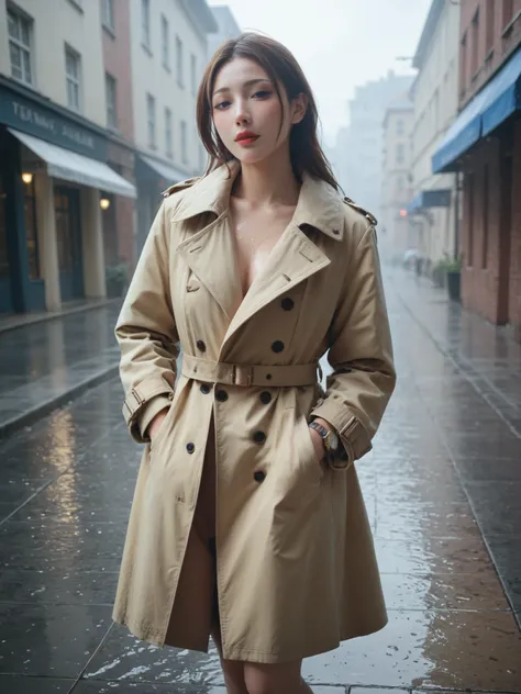 Highest Quality,masterpiece,watch viewers,trench coatの人,trench coat,Stroke a wet pavement with a hem,Morning Mist,pose with movement,soft to the touch, Delicate Body Curves, Realistic Human Body,