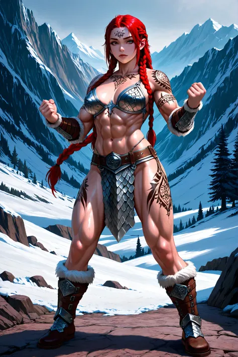 Beautiful Northen dwarf warrior Female, Fair Skin, Long red Braided hair, two braids, celtic tattoos, fur boots, ornate metal bikini armor, leather stripes loincloth, leather belt, on a snowy mountaintop, amazing beautiful athletic toned body, Ominous, Dar...