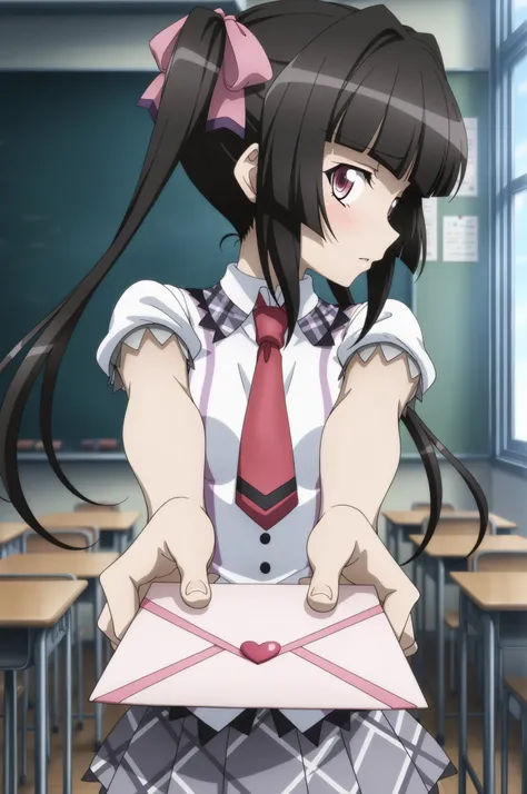 masterpiece, best quality, absurdres, amazing quality, offical art, anime screencap, official art style, anime cel shading,  symphogear ,tsukuyomi shirabe,   1girl,                                  
love letter, heart, valentine, letter, ((赤面、sideways glan...