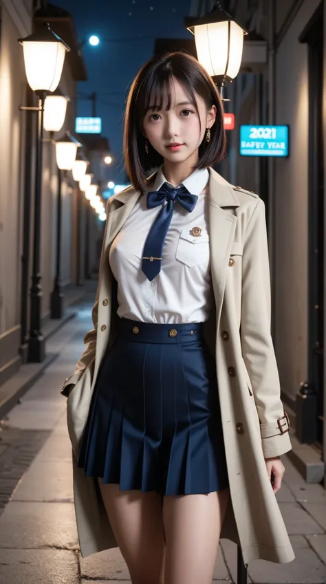 ((Female middle school student wearing a long trench coat over a uniform)), ((Babyface:1.4, 14-year-old face:1.3)), Open Court, slender body, Beautiful Breasts, Tight Waist, short pleated skirt, thin thighs, Beautiful legs, back alley at night, Street lamp...