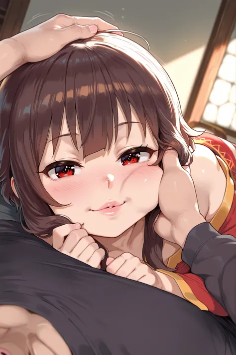 1loli, on side, lying, from side, resting head, happy, lips, megumin(konosuba), resting on chest, lean back, looking at viewer, head on pov chest, snuggle, flirt, romantic atmosphere, happy, cozy, male pov, povoverShoulder, pov hands, pov arms, lying on la...