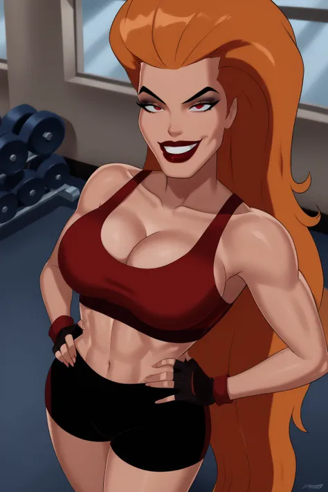 BREAK, score_6_up, score_9, score_8, score_7, 1girl, solo, Volcana, dcaustyle, red lips, lipstick, makeup, very long hair, orange hair, red eyes, black pupils, large breasts, cleavage, curvy, athletic, looking at viewer, seducing viewer, teasing viewer, sm...