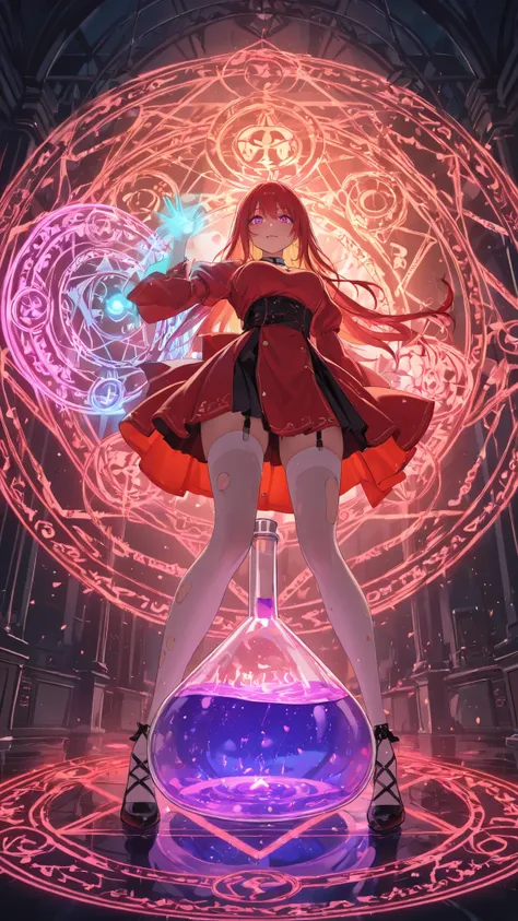 masterpiece, high resolution, Beautiful girl in magic style, inside a dirty triangular flask, Immersed in liquid, Homunculus, Magic Circle , hologram, perfect beautiful girl , red clothes, Illuminated from within, colorful image of a glowing woman i...
