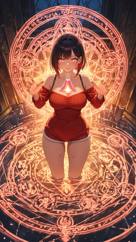 masterpiece, high resolution, Beautiful girl in magic style, inside a dirty triangular flask, Immersed in liquid, Homunculus, Magic Circle , hologram, perfect beautiful girl , red clothes, Illuminated from within, colorful image of a glowing woman i...