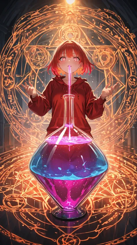 masterpiece, high resolution, Beautiful girl in magic style, inside a dirty triangular flask, Immersed in liquid, Homunculus, Magic Circle , hologram, perfect beautiful girl , red clothes, Illuminated from within, colorful image of a glowing woman i...