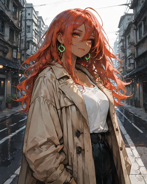 photo-realistic,High Quality, Urban Streets at a Dim Dawn, Looking Back Red-haired in a Trench Coat, captivating gaze thrown over the shoulder, A meaningful twinkling that floats on your lips, Mysterious Atmosphere of a City Shrouded in Morning Haze, Silho...