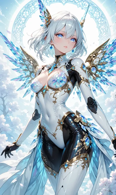 beautiful female android with cybernetic eyes, crystal lenses that emit gentle white light, intricate wiring that blends into smooth skin, ethereal and highly technical, detailed texture, soft focus background, dramatic composition、dynamic pose, fantasy gi...