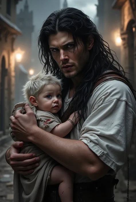 (masterpiece:1.2), (the white hooded t-shirt:1.2), 8K, HDR-10, ultra detailed, ((photorealistic)), professional light, cinematic lighting, fashion photography, ambient lighting, bottom, street of a medieval city at night, The Moon in the Air, epiCPhoto, mo...