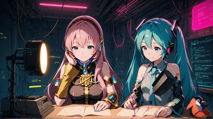 Hatsune Miku,Megurine Luka, headphones for listening to music,hacker,sit at the desk,How to make,neon light,Cinematic,Cyberpunk,plush penguin