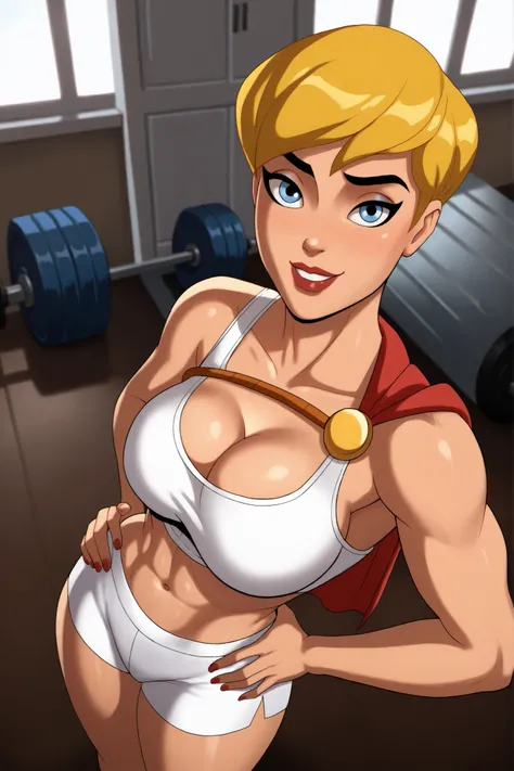 BREAK, score_8_up, score_7_up, score_6_up, score_9, PowerGirlPublicEnemies, 1girl, solo, blonde hair, large breasts, short hair, blue eyes, superhero, lipstick, makeup, dark skin, cleavage, curvy, athletic, ((looking at viewer)), seducing viewer, teasing v...