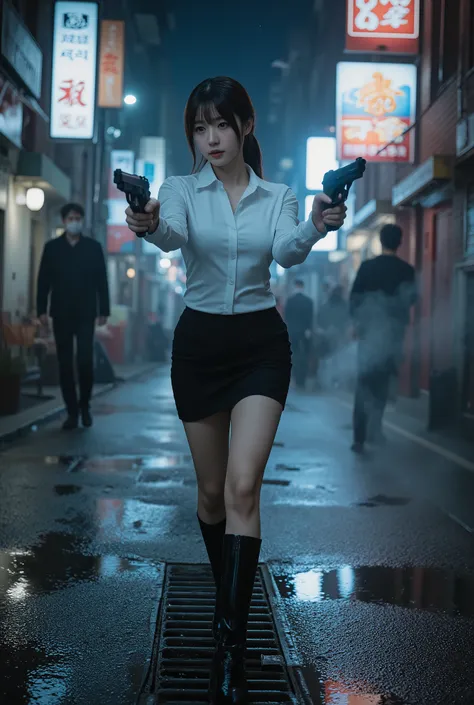 Korean intelligence operative Yeonha Yuseol in rain-soaked alley standoff, dual-wielding pistols, wear sexy office lady uniform, neon signs reflecting in puddles, steam rising from grates, pursuing silhouetted figures, urban night setting, cinematic compos...