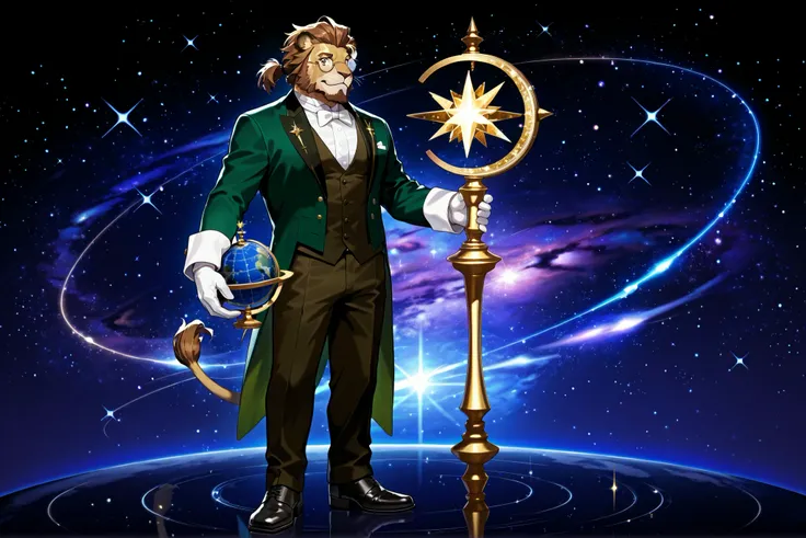 Cornelius, Horthgar, lion head, no markings, no mane, no defects, brown ponytail hairstyle, handsome, distinguished, gentleman, wears tiny perfect round glasses, green butler outfit、white gloves, perfect goatee, casting limit break 3、looking comfortable、Mo...