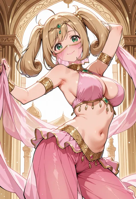 Score_9, score_8_up, score_7_up, source_anime, sato shin, solo, twintails, ahoge, blonde hair, green eyes, large breasts, (best quality), (high quality), {masterpiece}, extremely delicate and beautiful, ultra-detailed, beautiful detailed eyes, pink arabian...