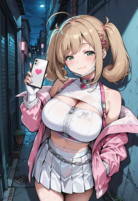 Score_9, score_8_up, score_7_up, source_anime, sato shin, solo, twintails, ahoge, blonde hair, green eyes, large breasts, (best quality), (high quality), {masterpiece}, extremely delicate and beautiful, ultra-detailed, beautiful detailed eyes, Viper_Cospla...