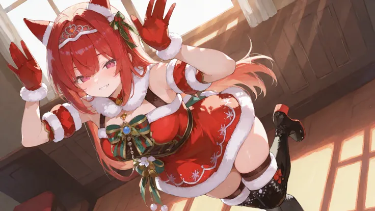 Dasuka_Xmas, straight hair, thighhighs, short sleeves, detached sleeves, black footwear, fur trim, thigh boots, red dress,tiara, red gloves, fur-trimmed gloves, fur-trimmed dress, single red ear cover,,,{{{masterpiece}}}, {{{best quality}}}, {{ultra-detail...