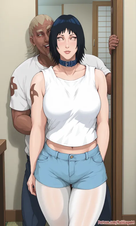 
high quality, masterpiece, 
Hinata Hyuga, short girl with long dark black hair, Bumps on the forehead, big white eyes with long eyelashes, flushed cheeks and shy expression. wears a Japanese sailor-style school uniform with a white blouse with a blue coll...