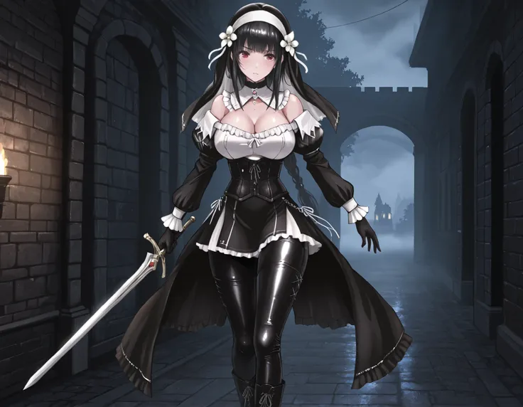  masterpiece, the best quality, muy estético, approach, 1girl, rabiane, nun's veil skirt, Alone, standing, dynamic pose, holds a sword in his hand, serious look, black high boots, thigh-high boots,  cchoker:1.6, buttoned shirt, (( Buttoned white buttoned s...