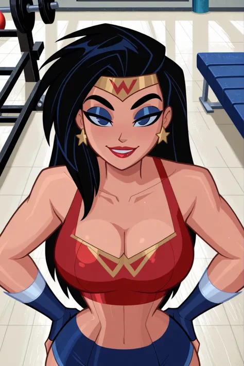 BREAK, score_6_up, score_9, score_8_up, score_7_up, ultra quality, solo, 1girl, wonderwomanjla, long hair, black hair, bare shoulders, jewelry, earrings, busty, red sports bra, blue gym shorts, blue fingerless gloves, makeup, lipstick, star earrings, looki...