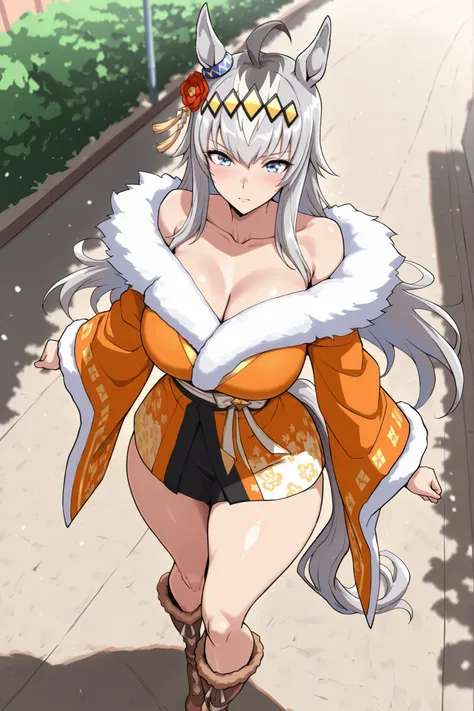 (masterpiece, Highest Quality, perfect face:1.4), Wide angle, Oguri, long hair, horse ears, grey hair, ahoge, horse tail, blue eyes,multicolored hair, ogli cap \(Uma Musume\),Running figure, 1 girl, blue eyes, multi colored hair, long hair, Gray Hair, stup...