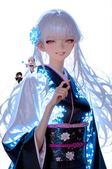glowing kimono,obi,sash,Wide sleeves,Kimono,score_9, score_8_up, score_8, Emote , high quality, high res , highly detailed face, white background, chibi  ,  upper body close up,Beautiful woman, long and well-groomed cyan-white hair, hair slightly in the ai...